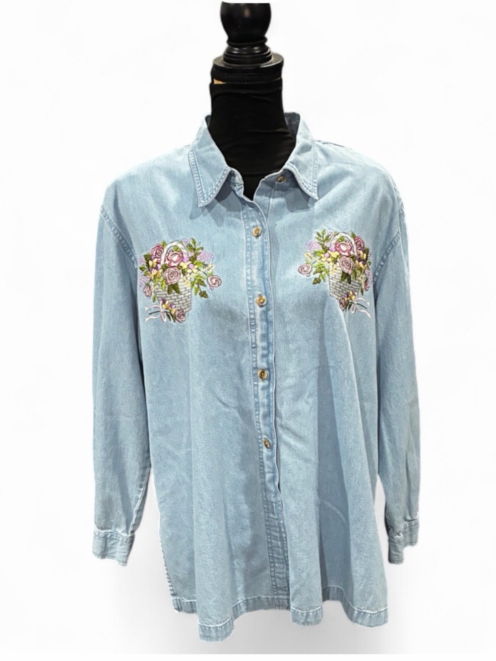 Passion Denim Button-Up Shirt with Floral Embroidery